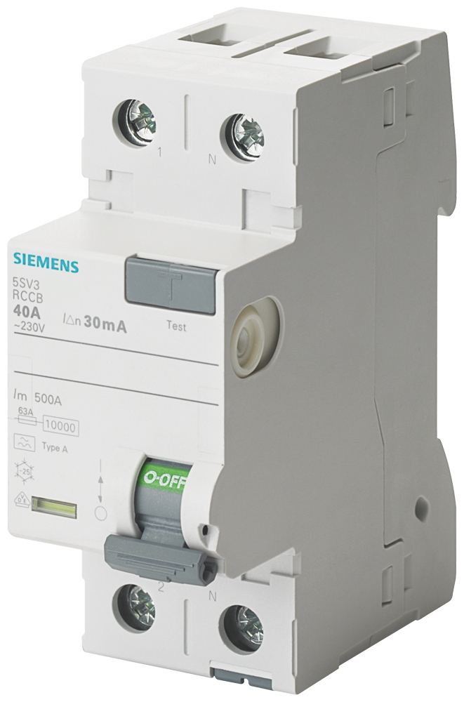 Siemens-5SV3612-6-A TİPİ HATA AKIMI KORUMA ANAHTARI-FI (KAÇAK AKIM KORUMA RÖLESİ); 25A; 230V; 300mA;  FAZ+NÖTR; 70mm