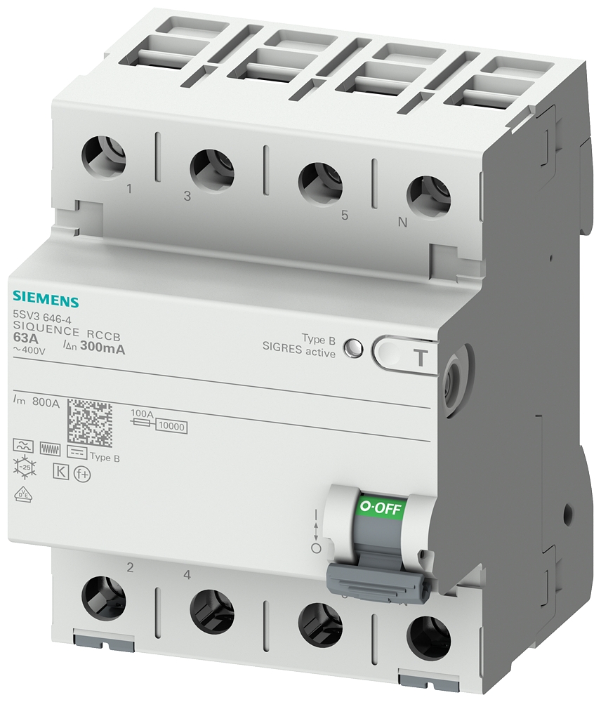 Siemens-5SV3646-4-SIQUENCE SERİSİ HATA AKIMI KORUMA ANAHTARI (FREKANS KONVERTÖRLERİ, UPS SİSTEMLERİ, TIBBİ CİHAZLAR vs); 63A; 400V; 300mA; 3FAZ+NÖTR; TİP B,K, 70mm