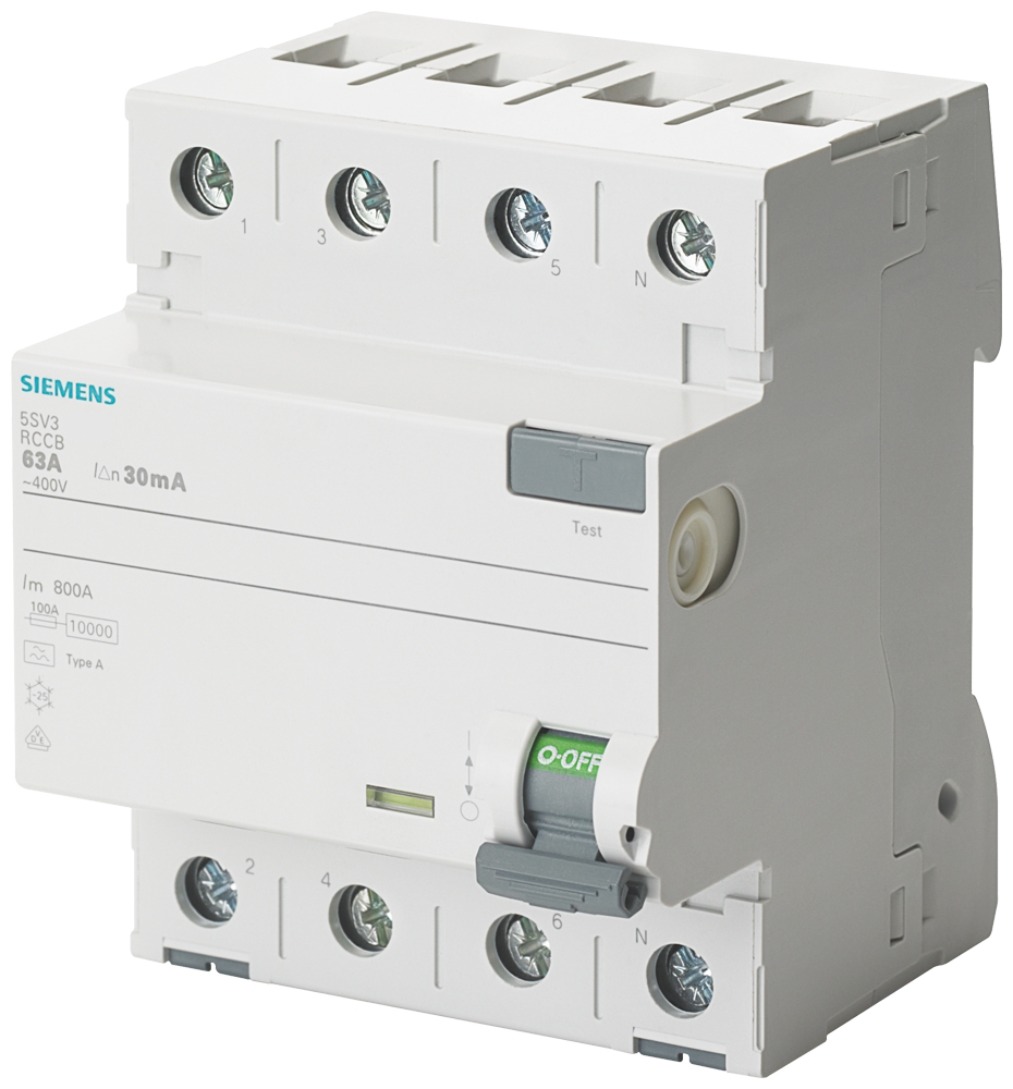 Siemens-5SV3646-6-A TİPİ HATA AKIMI KORUMA ANAHTARI-FI (KAÇAK AKIM KORUMA RÖLESİ); 63A; 400V; 300mA; 3FAZ+NÖTR; 70mm